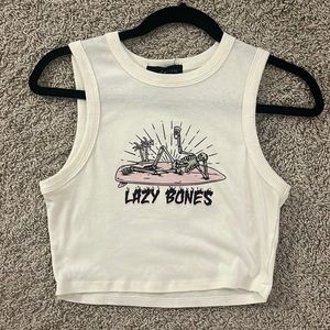 White Cropped Tank Top with Surfing Skeleton "Lazy Bones"